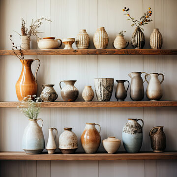 Handcrafted pottery collection on wooden shelves adds warmth and rustic elegance to home decor