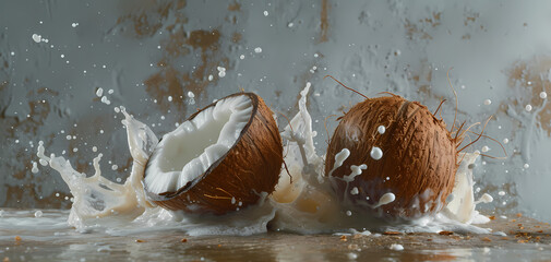Obraz na płótnie Canvas Creamy Coconut Delight: Coconut and Milk on Grey Background