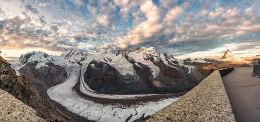 Viewpoint of Matterhorn mountain and Gorner Glacier in the morning at Gornergrat, Switzerland