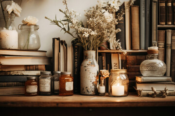 Cozy vintage bookshelf arrangement with flowers and candles for a peaceful home decor ambiance - obrazy, fototapety, plakaty