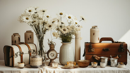 Vintage still life with daisies and antiques ideal for home decor and interior design themes
