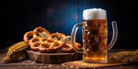Fresh cold brewing cold beer with foam and fresh bakery pretzels traditional german beverage and - obrazy, fototapety, plakaty