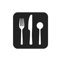 a black square with a white silhouette of a fork and spoon