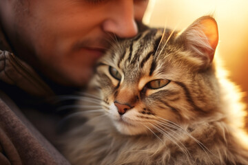 Fototapeta premium Cat and man, in the style of emotional gestures, soft focus romanticism.