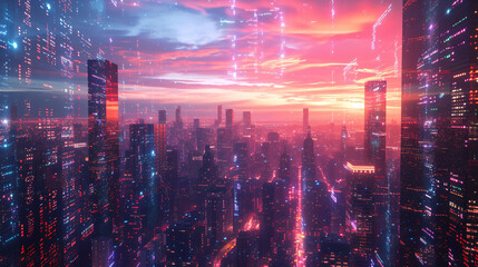 A mesmerizing holographic cityscape at dusk. - obrazy, fototapety, plakaty