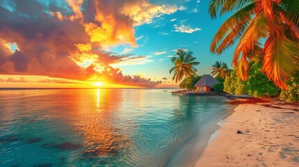 Fototapeta na wymiar Stunning colorful sunset with clouds on the horizon of the South Pacific Ocean. Luxury travel