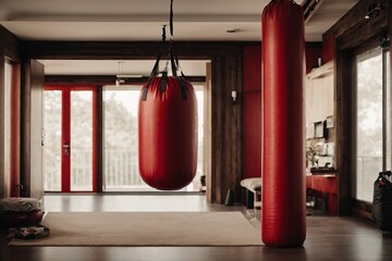  Red punching bag hanging in room