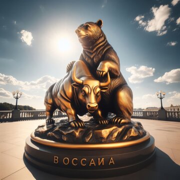 The symbolic icons of the bear and the bull that create the metaphor for the rise and fall of the stock market, forming a beautiful and powerful monument in a brass statue.