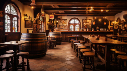 Fototapeta na wymiar Professional photo of an old beer pub with beer barrels. The atmosphere of a traditional beer pub. Generative AI