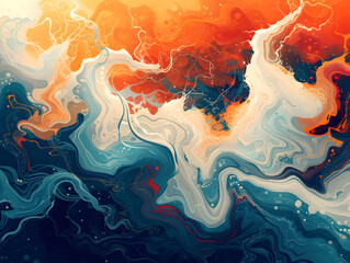 Abstract Fluid Art with Vivid Swirls of Marbled Ink - Warm Reds, Oranges Meet Cool Blues in Fiery and Tranquil Oceanic Contrast Concept
