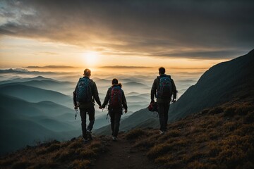 Silhouette of Helping each other hike up a mountain - obrazy, fototapety, plakaty