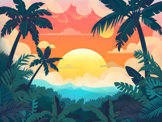 Fototapeta na wymiar Serene Tropical Sunset Illustration with Radiant Sky Palette of Pink, Orange, Yellow - Concept of Peaceful End of Day, Nature's Beauty & Tranquil Scenery