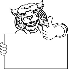 A wildcat painter, handyman, mechanic, plumber or other construction cartoon mascot man in overall dungarees. Giving a thumbs up.