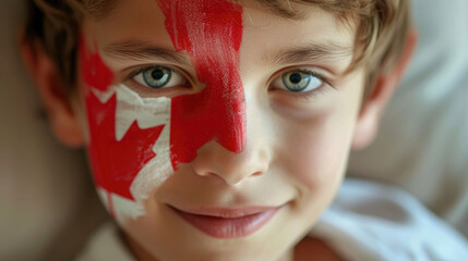 happy boy, a Canadian flag and a red maple leaf are painted on the floor of his face