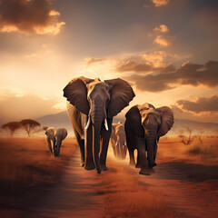 A family of elephants walking through the savannah