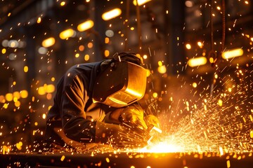 Welder steel works amid factory worker in construction site industry