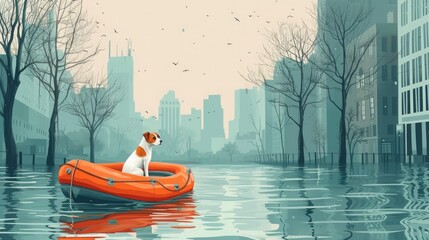 A dog in a lifeboat during a flood - obrazy, fototapety, plakaty