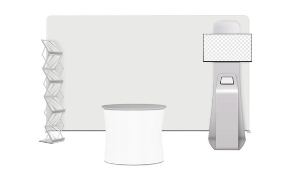 Trade show booth display kit. Expo set mockup. Tradeshow backdrop banner, LCD monitor TV with tablet stand, exhibition table counter, literature rack with clear shelves. Vector mock-up