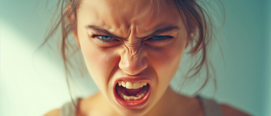 Capturing the Intensity of Emotion: A Close-Up Portrait of a Woman's Expressive Outrage