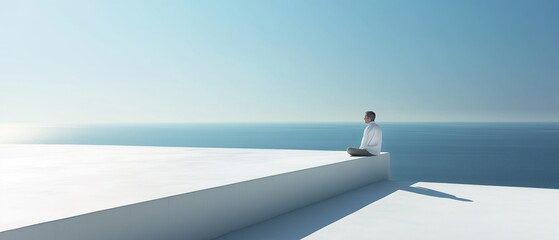 Obraz premium Contemplative Man in White Sitting Alone on Minimalist Terrace Overlooking the Calm Sea Horizon