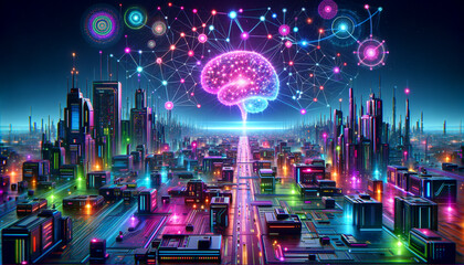 Vibrant Neural Network Unveiling Data Patterns in Futuristic Cityscape