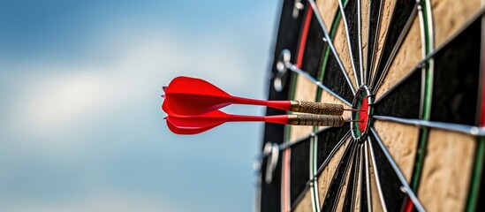 Close up shot red darts arrows in the target of dartboard center on dark blue sky background. Business target or goal success and winner concept.