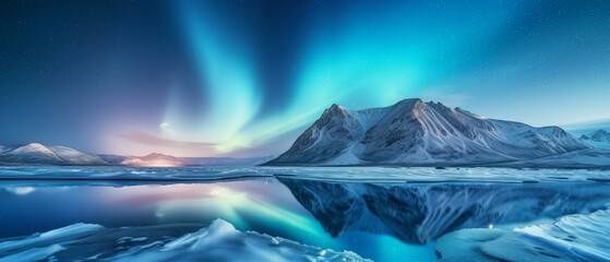 Spectacular Northern Lights Aurora Over Snow-Capped Mountain Reflected in Tranquil Waters