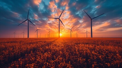 Dramatic Sky Over Wind Turbines: Symbolizing the Power of Renewable Energy in a Vast Field, Harnessing Nature's Force for a Sustainable Tomorrow - obrazy, fototapety, plakaty