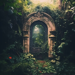 A mysterious doorway in a lush garden.