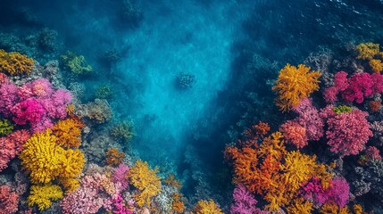 Naklejka na ściany i meble Breathtaking Aerial Vista: Coral Reef Ablaze with Biodiversity, Revealing a Symphony of Vibrant Underwater Colors in a Captivating Display of Marine Life.