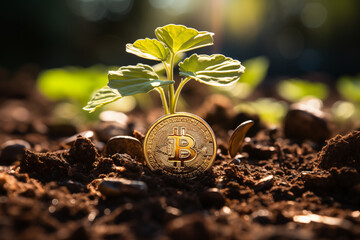 a young plant popping out of a bitcoin coin - obrazy, fototapety, plakaty