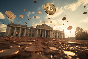 bitcoin coin hovering in the sky above an intitution building - obrazy, fototapety, plakaty
