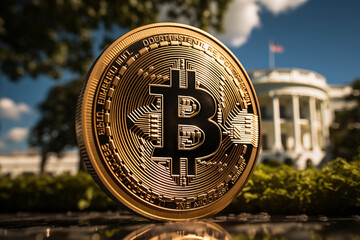 bitcoin statue with white house in background  - obrazy, fototapety, plakaty