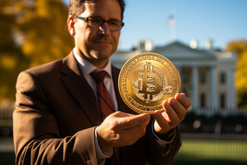 businessman with bitcoin coin, politician promoting bitcoin payement and investment - obrazy, fototapety, plakaty