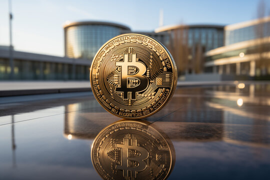 bitcoin coin floating over a building