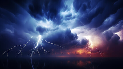 Roaring thunderstorm, shocking lightning shines in the dark sky