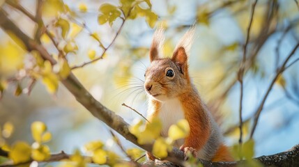 Fototapeta premium A Curious Squirrel Embarking on an Adventurous Journey in its Natural Habitat, Embracing the Essence of Earth Day and Celebrating the Vibrancy of the Renewed Environment.