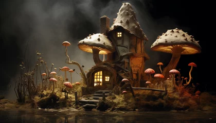 Crédence de cuisine en verre imprimé Forêt des fées Mushroom house, magical fantasy fairytale scenery, night in a forest with fog
