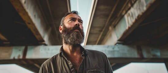 Bearded Man Under Urban Bridge: A Bearded Man Gazing Underneath an Urban Bridge