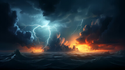 Roaring thunderstorm, shocking lightning shines in the dark sky