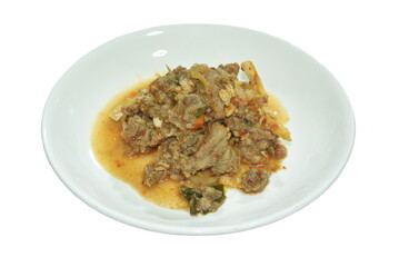spicy stir fried slice  beef meat with sweet chili paste on plate  