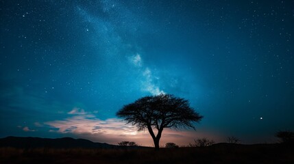 Serenity Under the Stars – Majestic Tree and Cosmic Horizon - obrazy, fototapety, plakaty