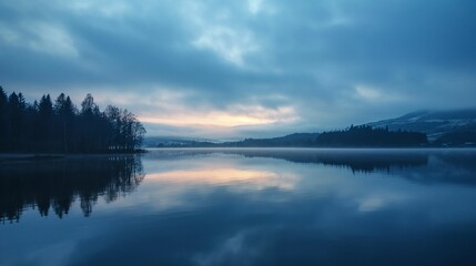Fototapeta premium Tranquil Reflections: Serene Lake Mirroring the Sky