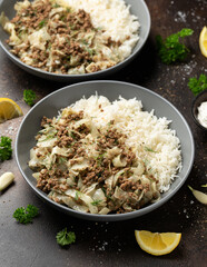 Unstuffed cabbage roll with ground beef, rice and vegetables.