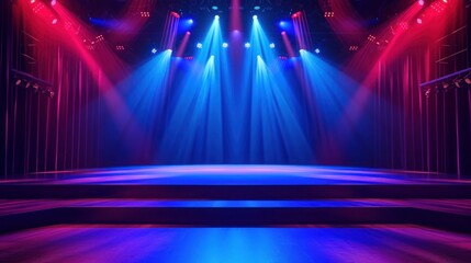 Empty modern stage with bright background for performance, stage lighting with spotlights for theater performance - obrazy, fototapety, plakaty