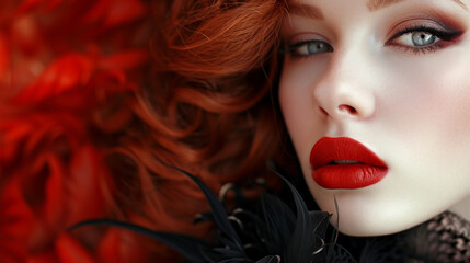 High fashion look.glamour portrait of beautiful young female woman with red lips on black background with hat. Beautiful woman glossy red lips, close-up, radiating timeless elegance and sophistication