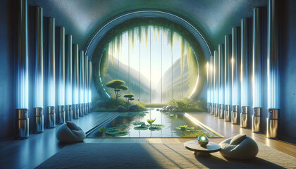 Tranquil spa setting with futuristic ion thrusters and serene natural landscape