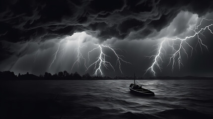 Roaring thunderstorm, shocking lightning shines in the dark sky