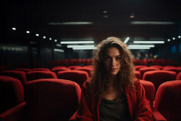 Closeup spectator woman sitting in empty red dark cinema theatre hall watching movie theater. Concept of spending evening, free time, premier. Generative AI
