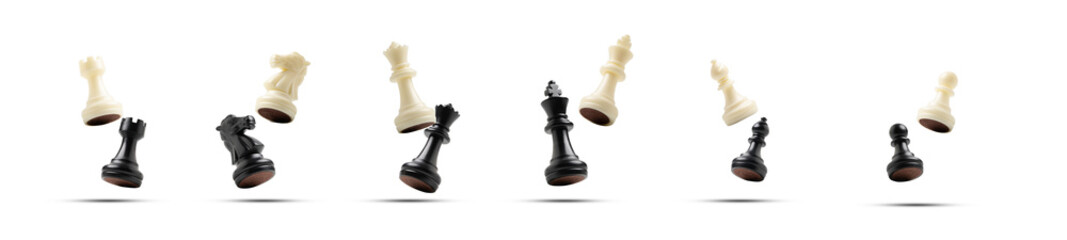 Isolate of set chess fighting include King, queen, bishop, knight, pawn, rook on white background...